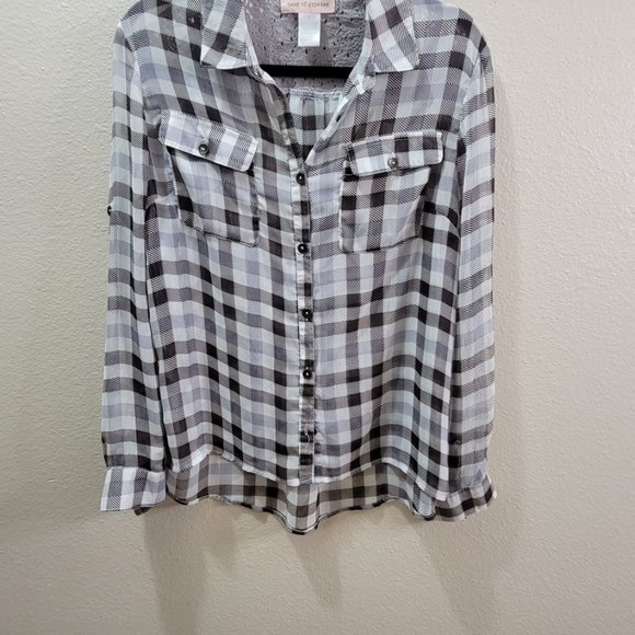 Band of Gypsies Sheer Button Down Long Sleeve Shirt Size Small Lace Back - Picture 6 of 12